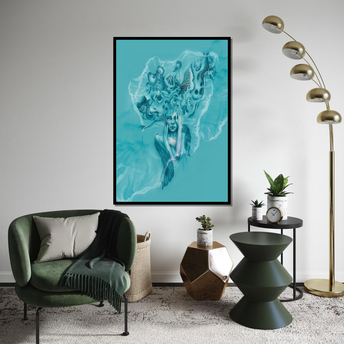 Surreal Jellyfish Woman, Ocean Dream Canvas, Abstract Art, Wall Art Canvas Design, Underwater Fantasy Poster, Ready To Hang Decoration