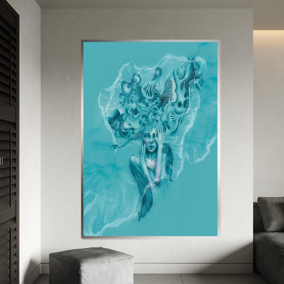 Surreal Jellyfish Woman, Ocean Dream Canvas, Abstract Art, Wall Art Canvas Design, Underwater Fantasy Poster, Ready To Hang Decoration