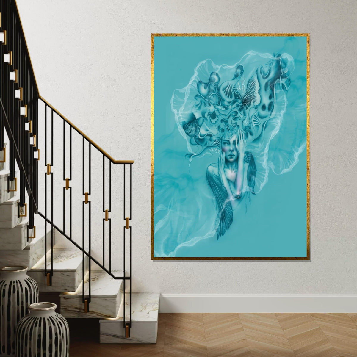 Surreal Jellyfish Woman, Ocean Dream Canvas, Abstract Art, Wall Art Canvas Design, Underwater Fantasy Poster, Ready To Hang Decoration