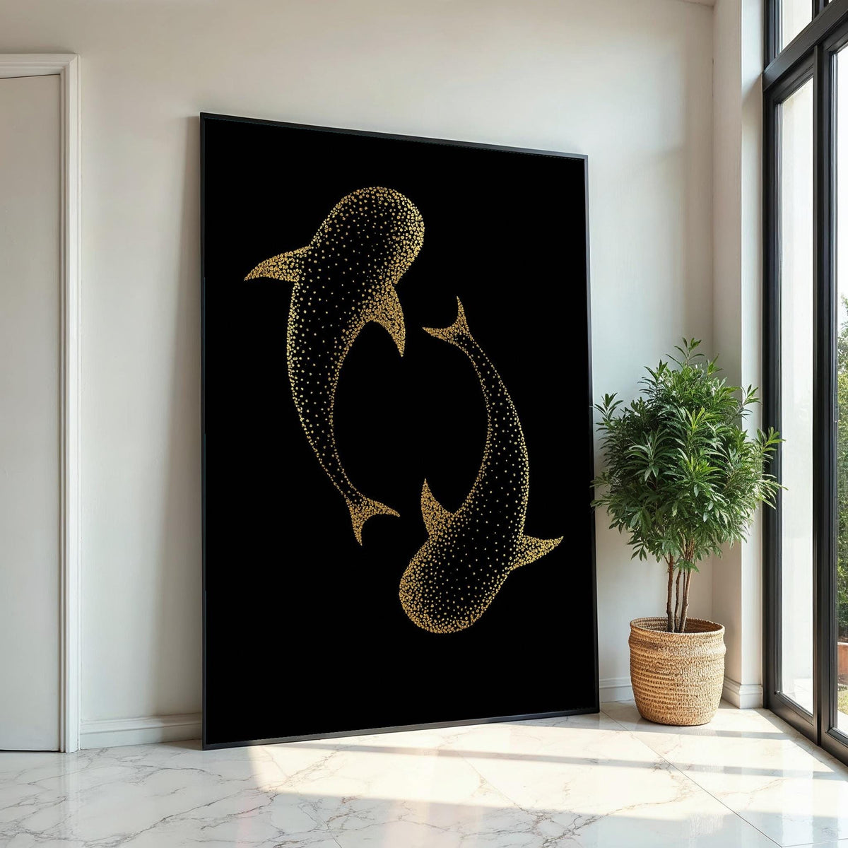 Golden Whale Shark Canvas, Marine Life Art, Wall Art Canvas Design, Ready To Hang Decoration, Oceanic Print, Shark Decor