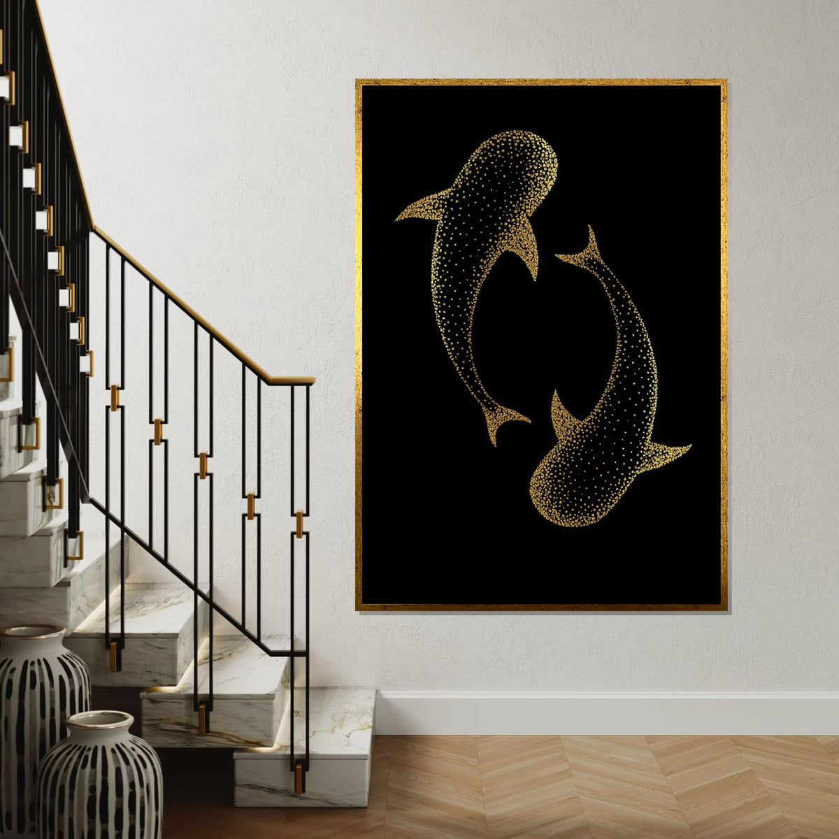 Golden Whale Shark Canvas, Marine Life Art, Wall Art Canvas Design, Ready To Hang Decoration, Oceanic Print, Shark Decor
