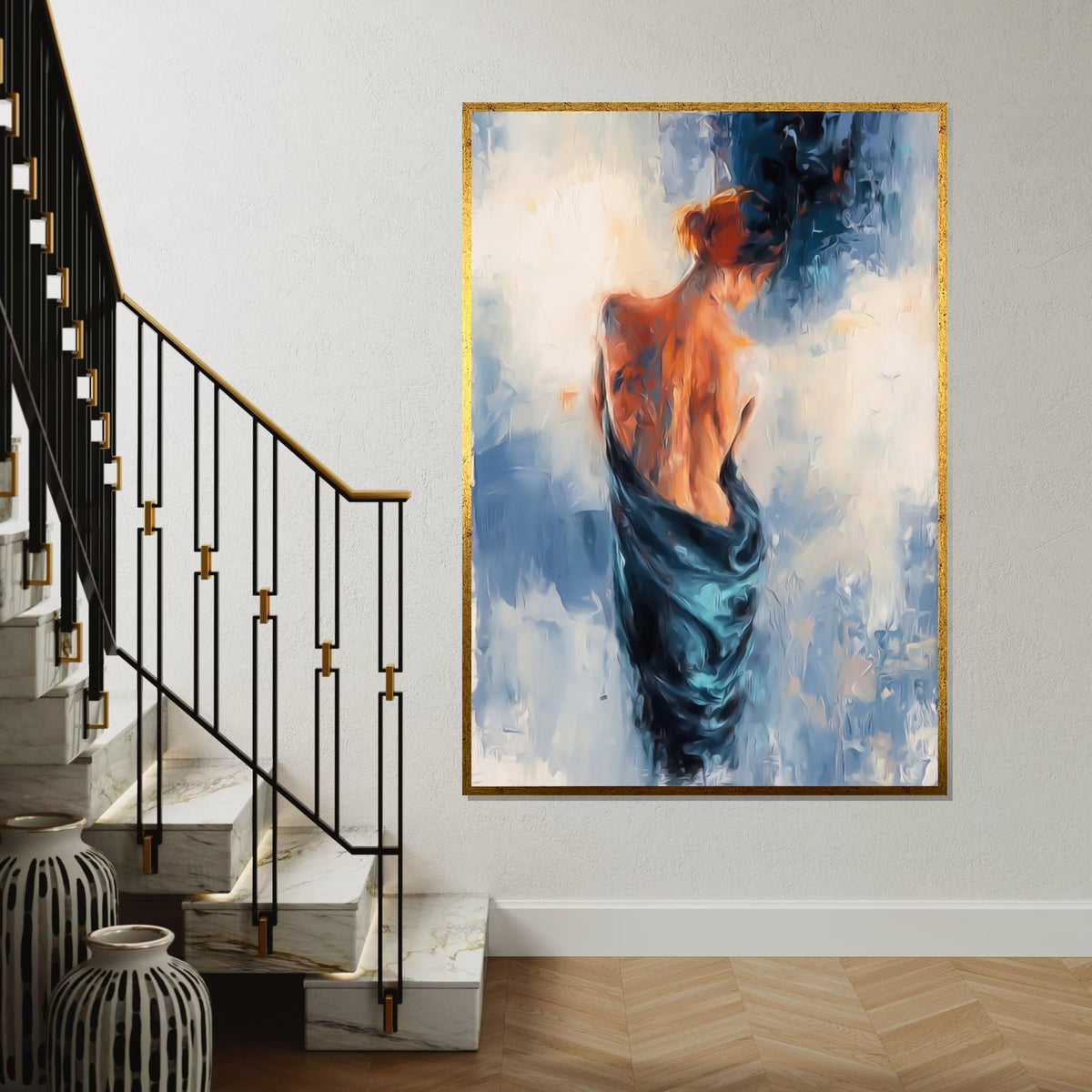 Elegant Woman in Blue Canvas, Abstract Figure Art, Wall Art Canvas Design, Ready to Hang Decoration, Modern Home Decor