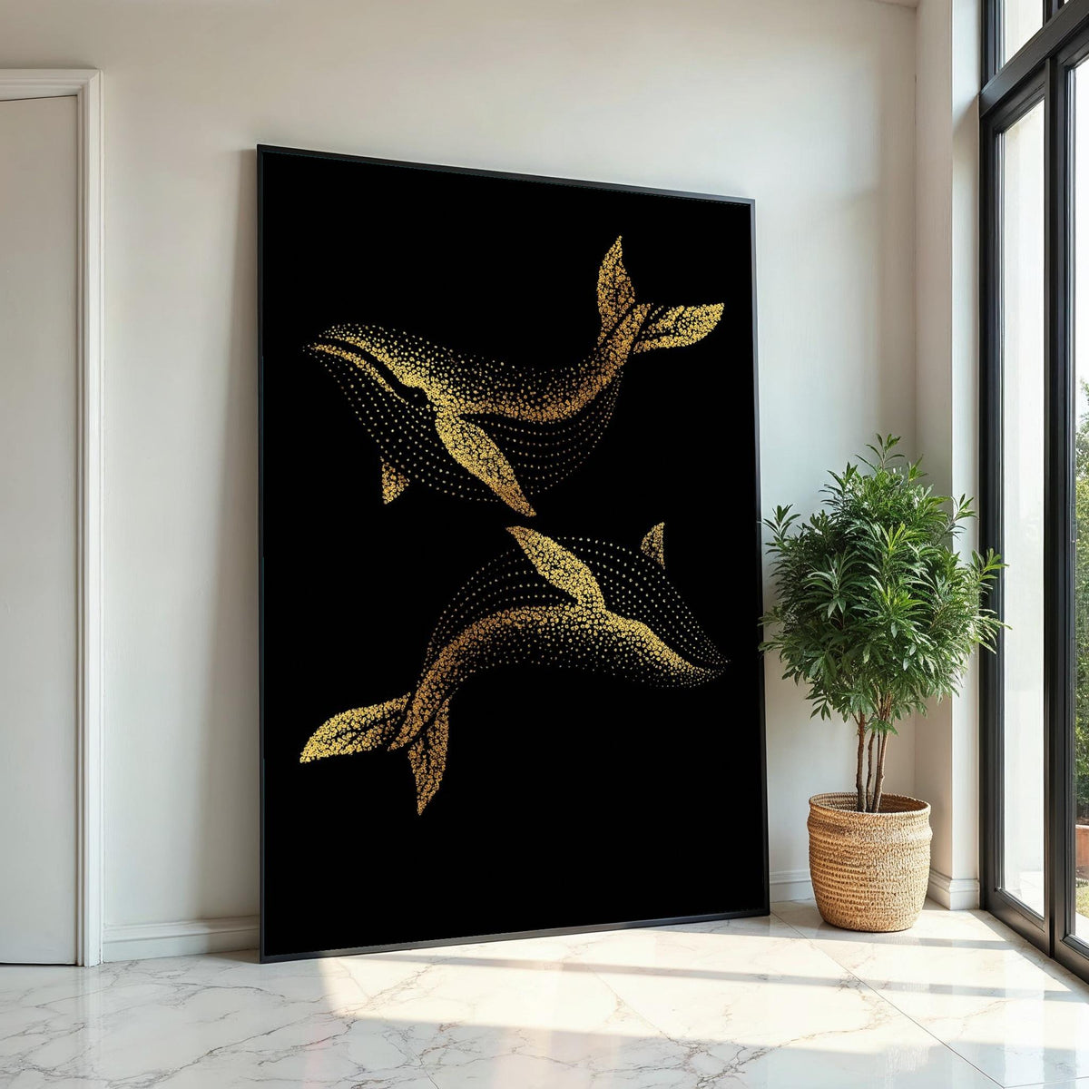 Golden Whale Canvas, Dot Art Whale Print, Ocean Wall Art, Marine Life Canvas Design, Wall Decor, Ready to Hang Decoration