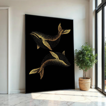 Golden Whale Canvas, Dot Art Whale Print, Ocean Wall Art, Marine Life Canvas Design, Wall Decor, Ready to Hang Decoration