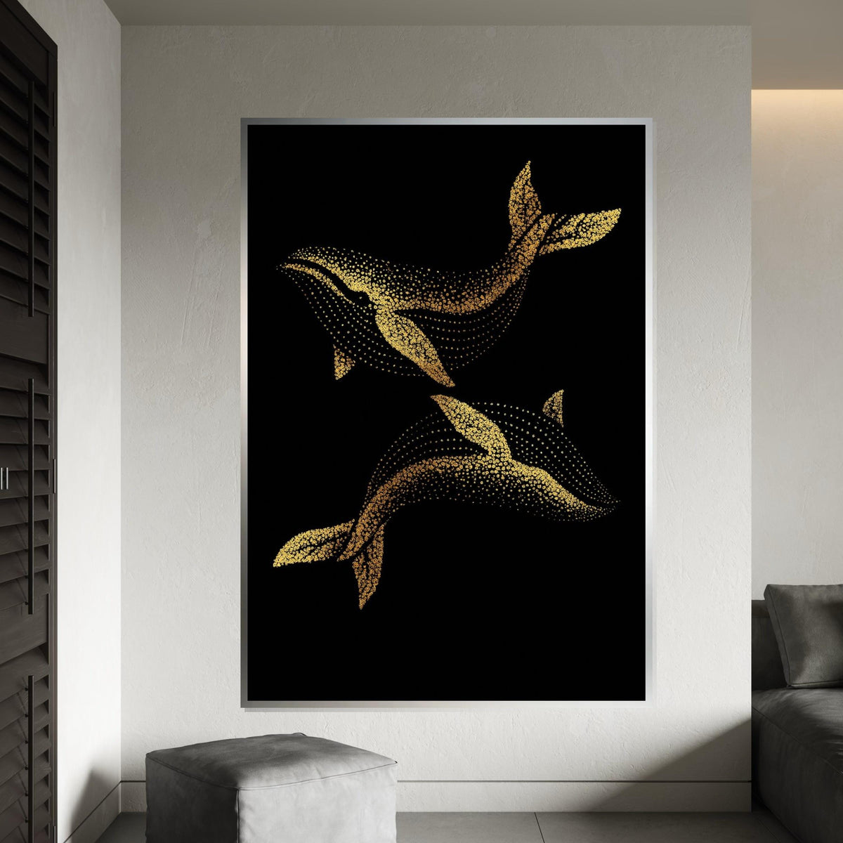 Golden Whale Canvas, Dot Art Whale Print, Ocean Wall Art, Marine Life Canvas Design, Wall Decor, Ready to Hang Decoration