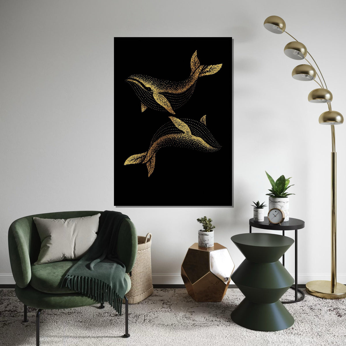Golden Whale Canvas, Dot Art Whale Print, Ocean Wall Art, Marine Life Canvas Design, Wall Decor, Ready to Hang Decoration