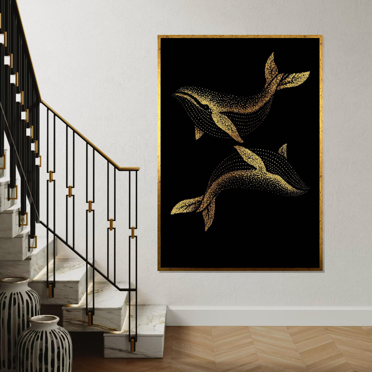 Golden Whale Canvas, Dot Art Whale Print, Ocean Wall Art, Marine Life Canvas Design, Wall Decor, Ready to Hang Decoration