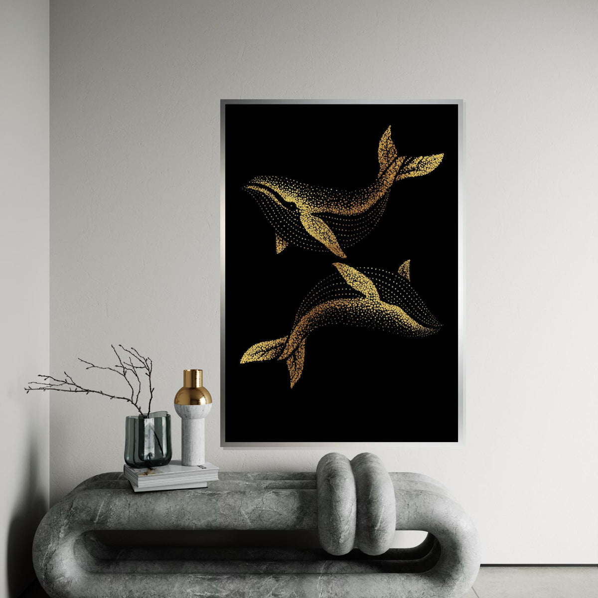 Golden Whale Canvas, Dot Art Whale Print, Ocean Wall Art, Marine Life Canvas Design, Wall Decor, Ready to Hang Decoration