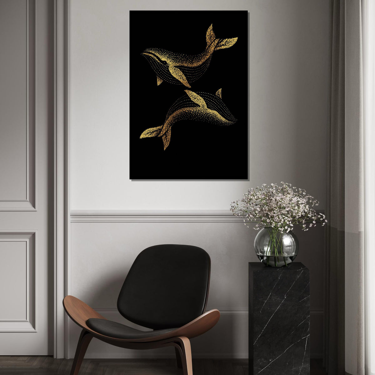 Golden Whale Canvas, Dot Art Whale Print, Ocean Wall Art, Marine Life Canvas Design, Wall Decor, Ready to Hang Decoration