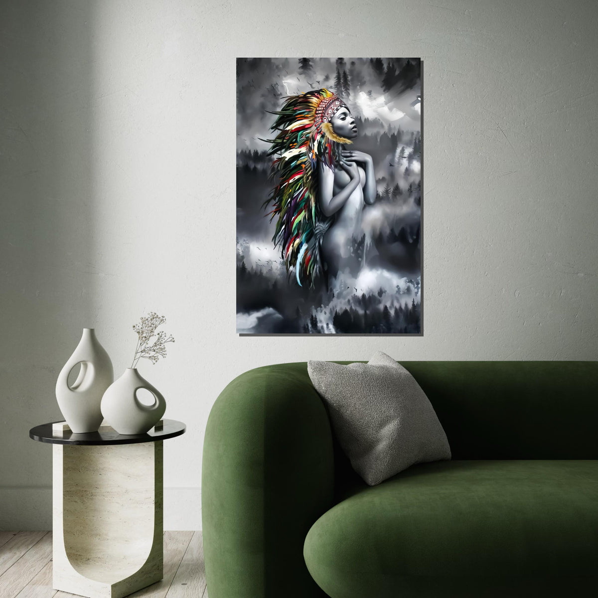 Spirit Chief Canvas, Native Beauty Wall Art, Multicolor Headdress Decor, Artistic Canvas Design, Ethereal Maiden Print, Ready to Hang