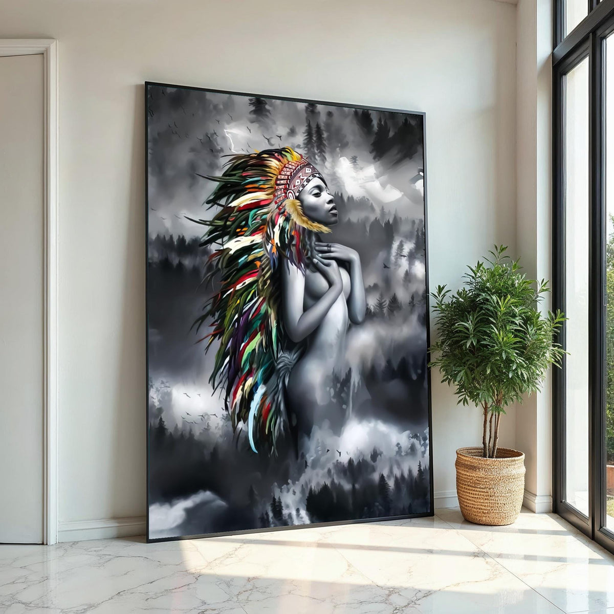Spirit Chief Canvas, Native Beauty Wall Art, Multicolor Headdress Decor, Artistic Canvas Design, Ethereal Maiden Print, Ready to Hang
