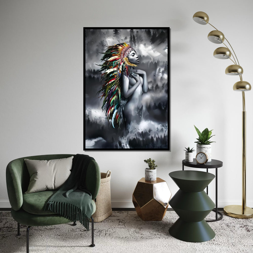 Spirit Chief Canvas, Native Beauty Wall Art, Multicolor Headdress Decor, Artistic Canvas Design, Ethereal Maiden Print, Ready to Hang