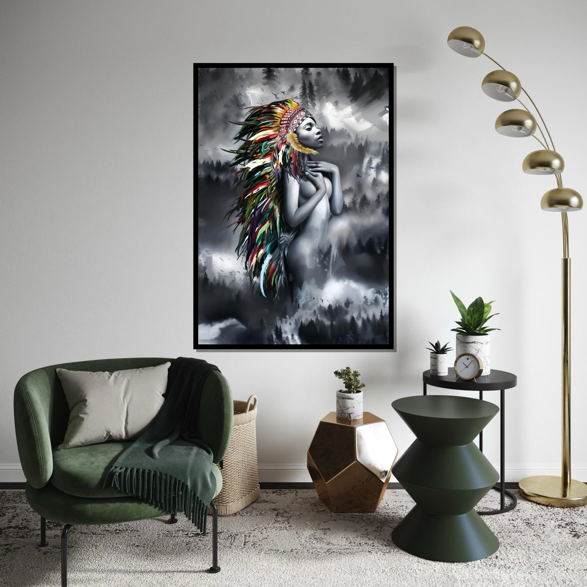 Spirit Chief Canvas, Native Beauty Wall Art, Multicolor Headdress Decor, Artistic Canvas Design, Ethereal Maiden Print, Ready to Hang