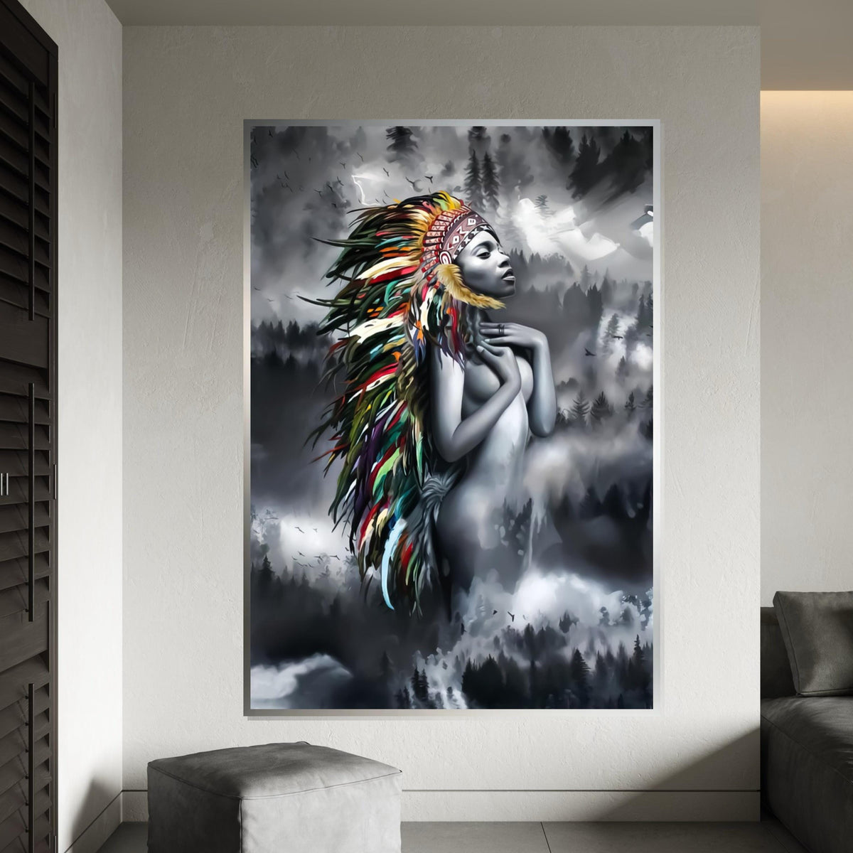 Spirit Chief Canvas, Native Beauty Wall Art, Multicolor Headdress Decor, Artistic Canvas Design, Ethereal Maiden Print, Ready to Hang