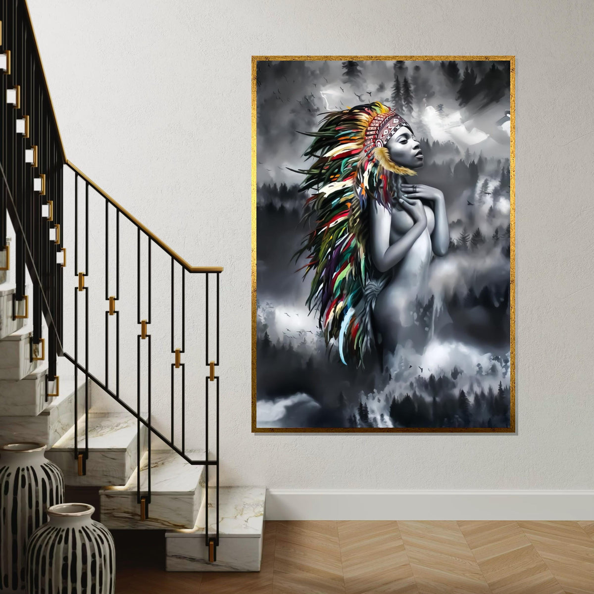 Spirit Chief Canvas, Native Beauty Wall Art, Multicolor Headdress Decor, Artistic Canvas Design, Ethereal Maiden Print, Ready to Hang
