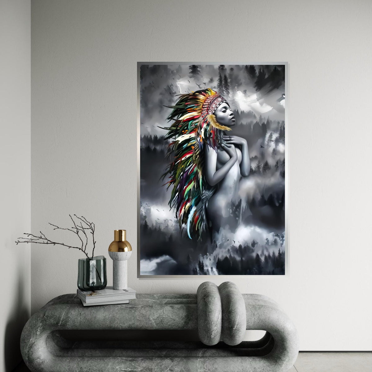 Spirit Chief Canvas, Native Beauty Wall Art, Multicolor Headdress Decor, Artistic Canvas Design, Ethereal Maiden Print, Ready to Hang