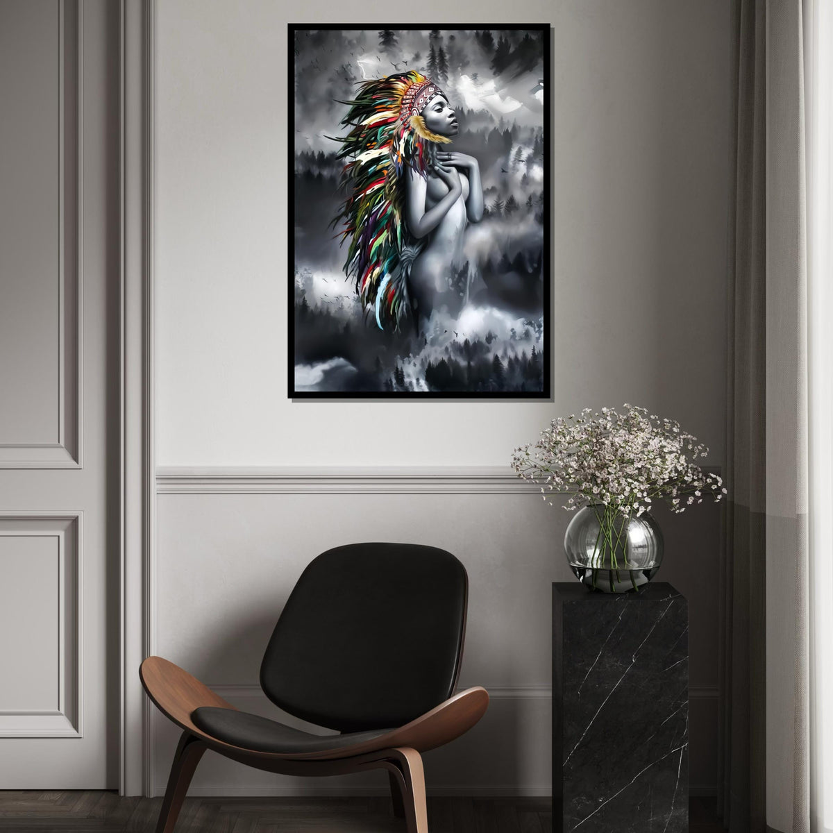Spirit Chief Canvas, Native Beauty Wall Art, Multicolor Headdress Decor, Artistic Canvas Design, Ethereal Maiden Print, Ready to Hang
