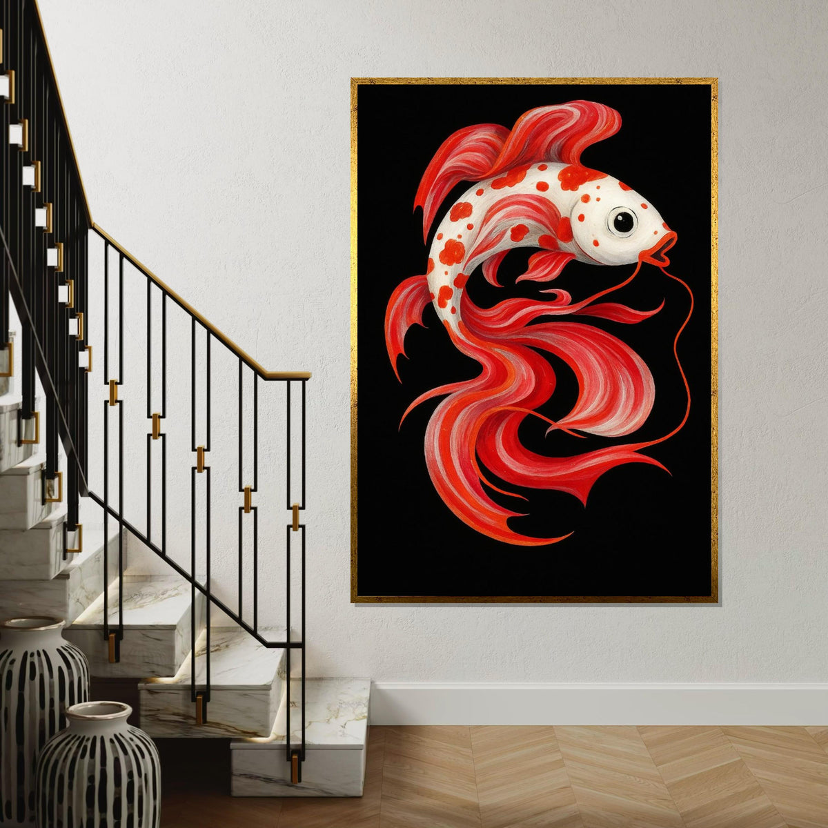 Colorful Koi Canvas, Red and White Fish Art, Animal Wall Art, Fish Poster, Wall Art Canvas Design, Ready To Hang Decoration