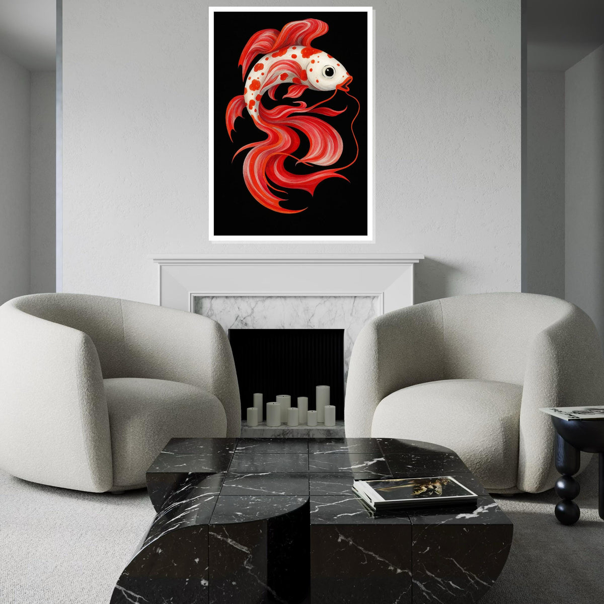 Colorful Koi Canvas, Red and White Fish Art, Animal Wall Art, Fish Poster, Wall Art Canvas Design, Ready To Hang Decoration