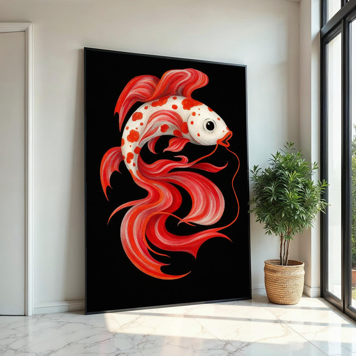 Colorful Koi Canvas, Red and White Fish Art, Animal Wall Art, Fish Poster, Wall Art Canvas Design, Ready To Hang Decoration