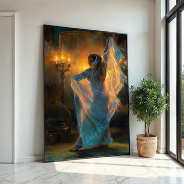 Elegant Veiled Dancer Canvas, Candlelight Art, Mystical Wall Art, Canvas Design, Ready to Hang Décor, Graceful Movement in Light