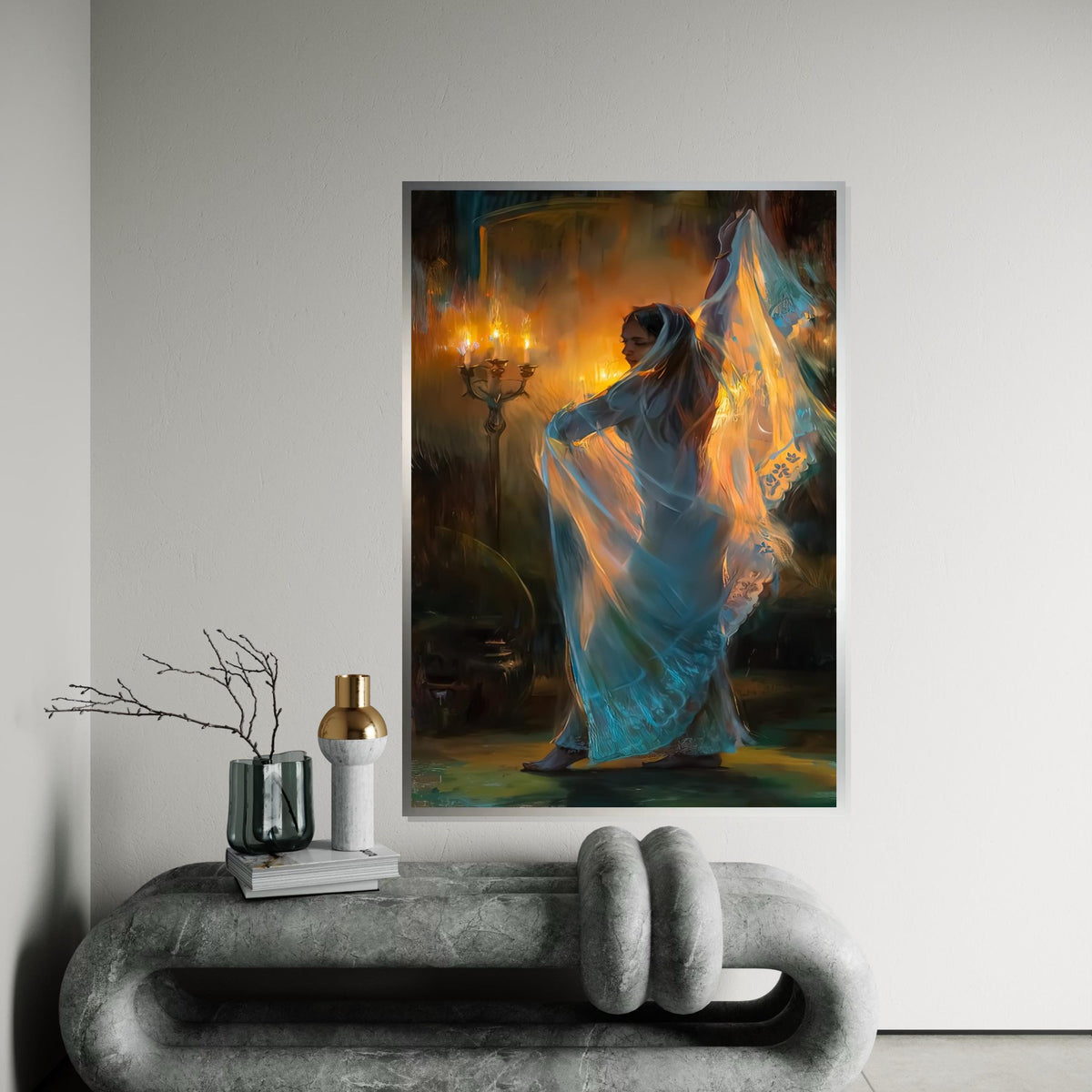 Elegant Veiled Dancer Canvas, Candlelight Art, Mystical Wall Art, Canvas Design, Ready to Hang Décor, Graceful Movement in Light
