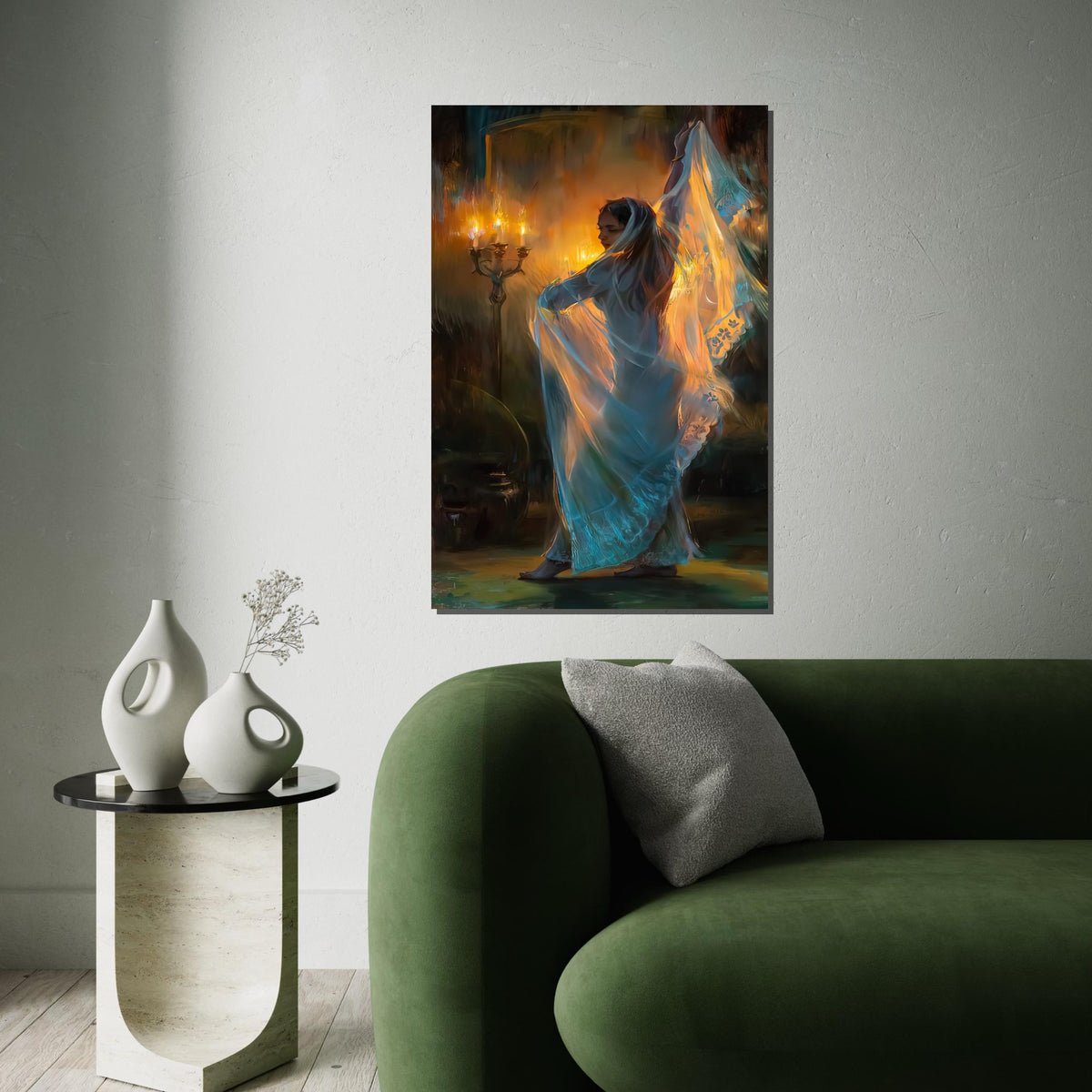 Elegant Veiled Dancer Canvas, Candlelight Art, Mystical Wall Art, Canvas Design, Ready to Hang Décor, Graceful Movement in Light