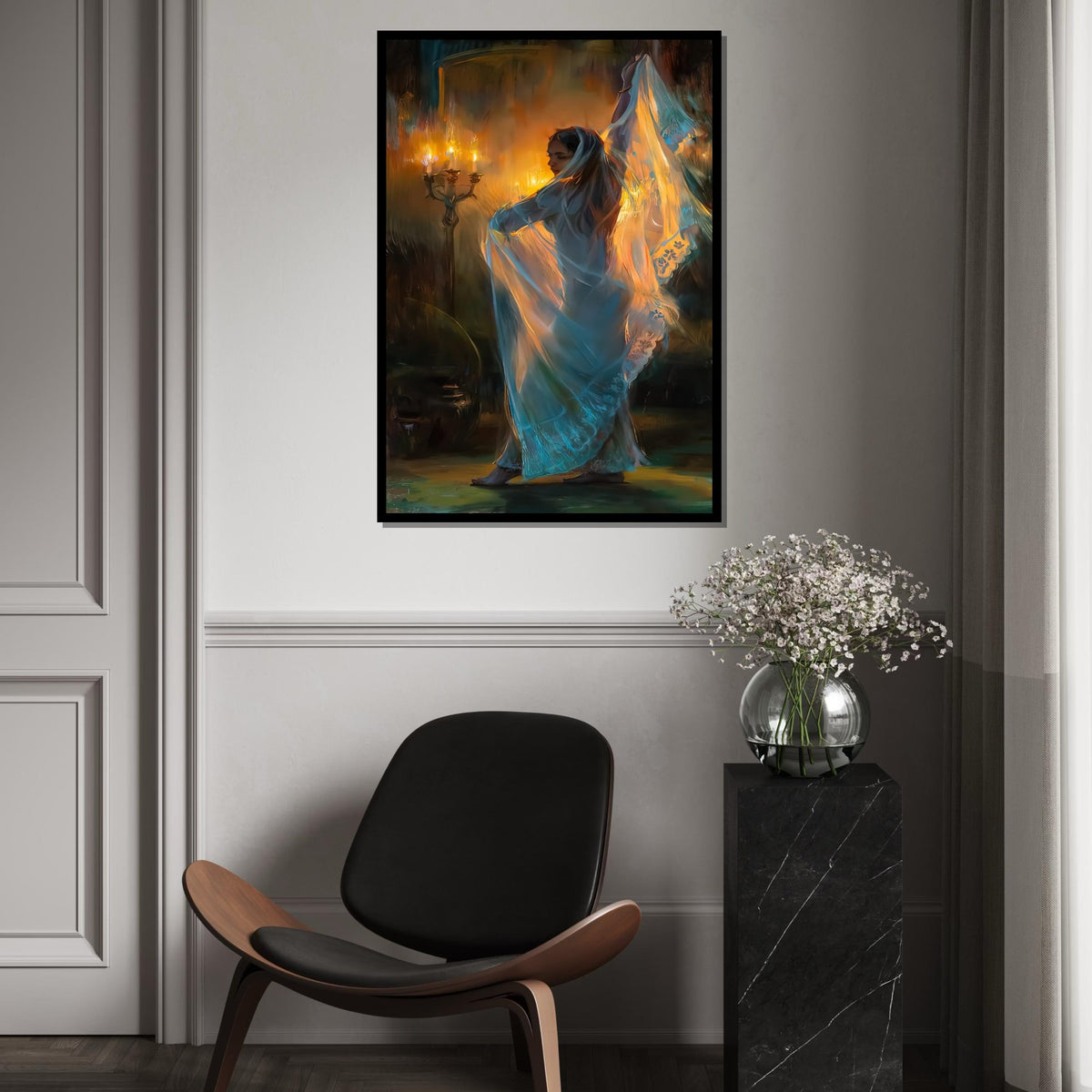 Elegant Veiled Dancer Canvas, Candlelight Art, Mystical Wall Art, Canvas Design, Ready to Hang Décor, Graceful Movement in Light