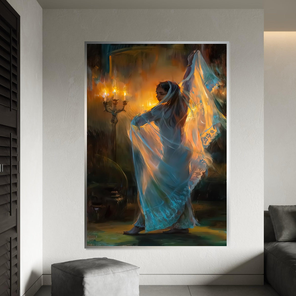 Elegant Veiled Dancer Canvas, Candlelight Art, Mystical Wall Art, Canvas Design, Ready to Hang Décor, Graceful Movement in Light
