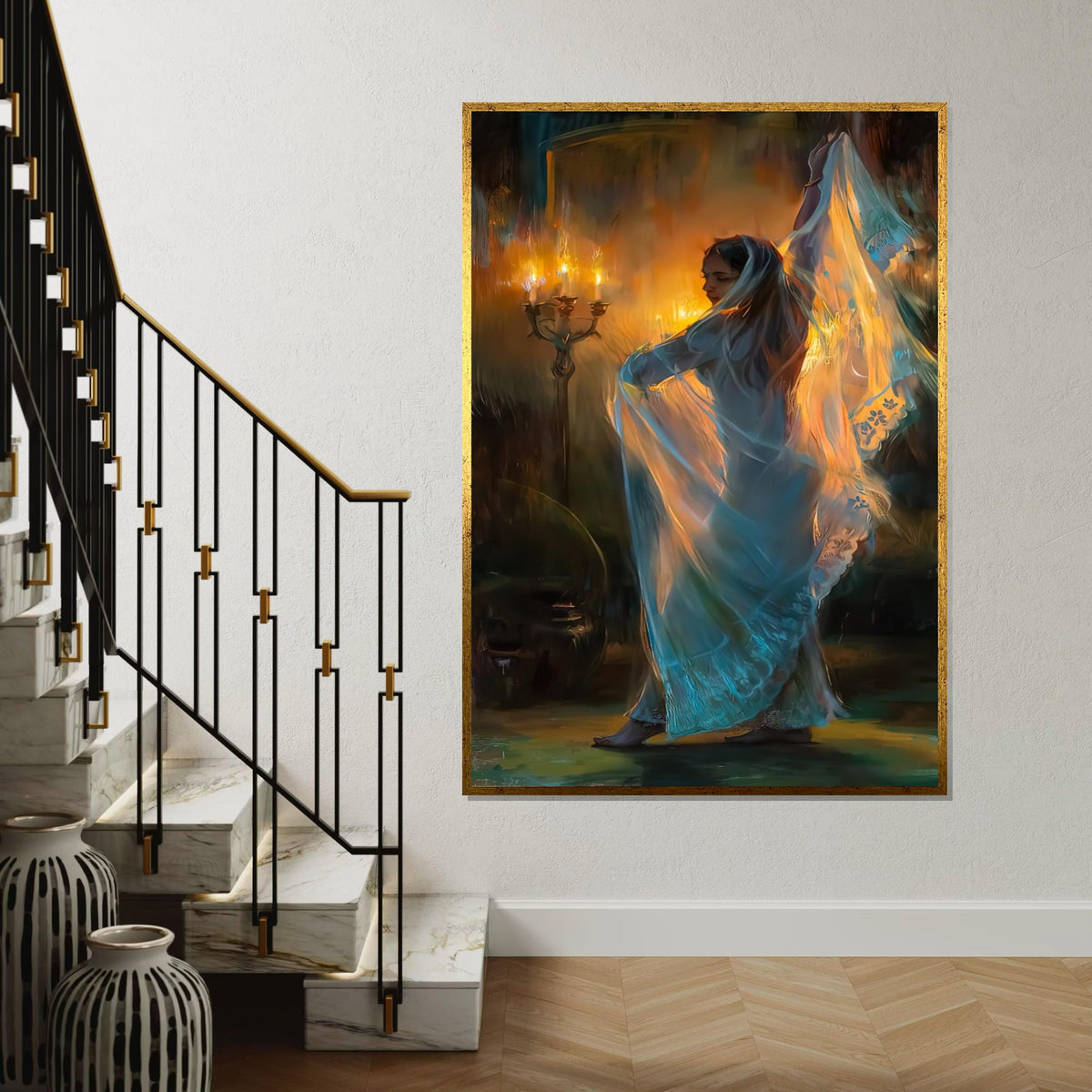 Elegant Veiled Dancer Canvas, Candlelight Art, Mystical Wall Art, Canvas Design, Ready to Hang Décor, Graceful Movement in Light