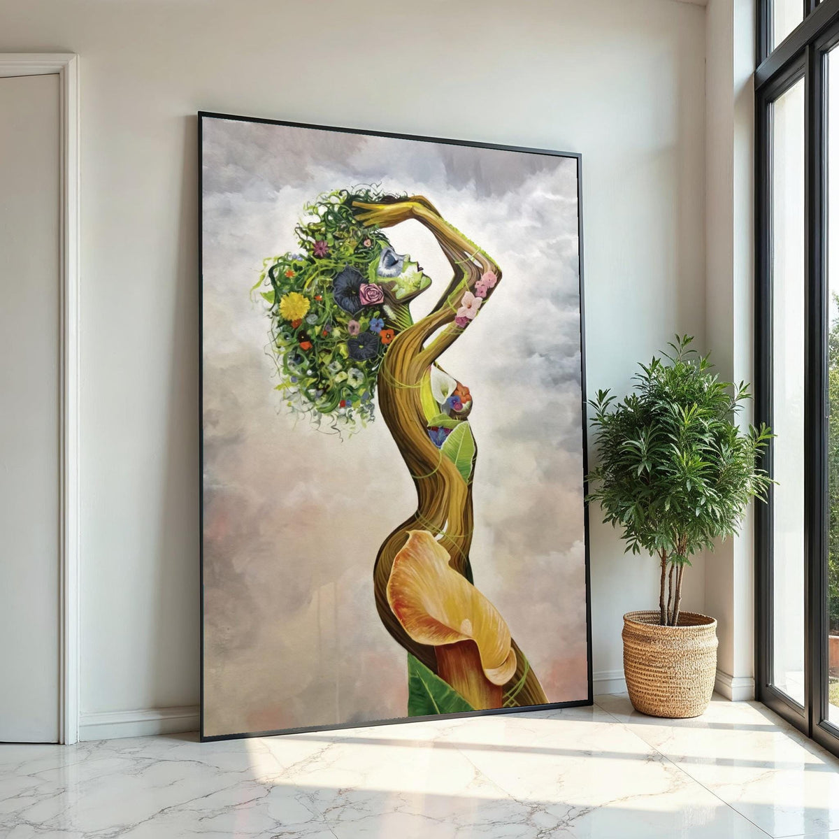Floral Goddess Canvas, Nature Woman Art, Earth Spirit Wall Print, Flower Hair Design, Wall Art Canvas, Ready To Hang Decoration