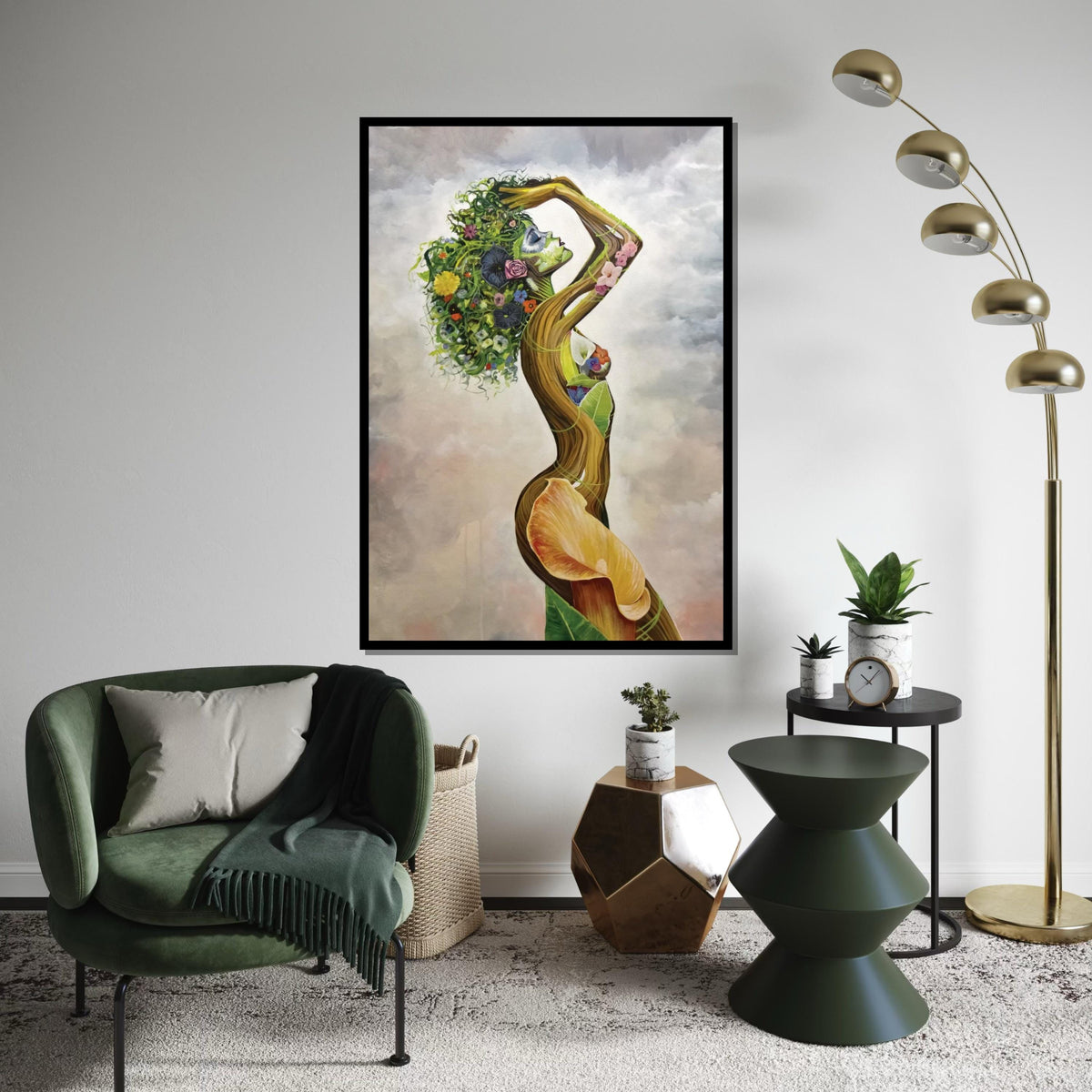 Floral Goddess Canvas, Nature Woman Art, Earth Spirit Wall Print, Flower Hair Design, Wall Art Canvas, Ready To Hang Decoration