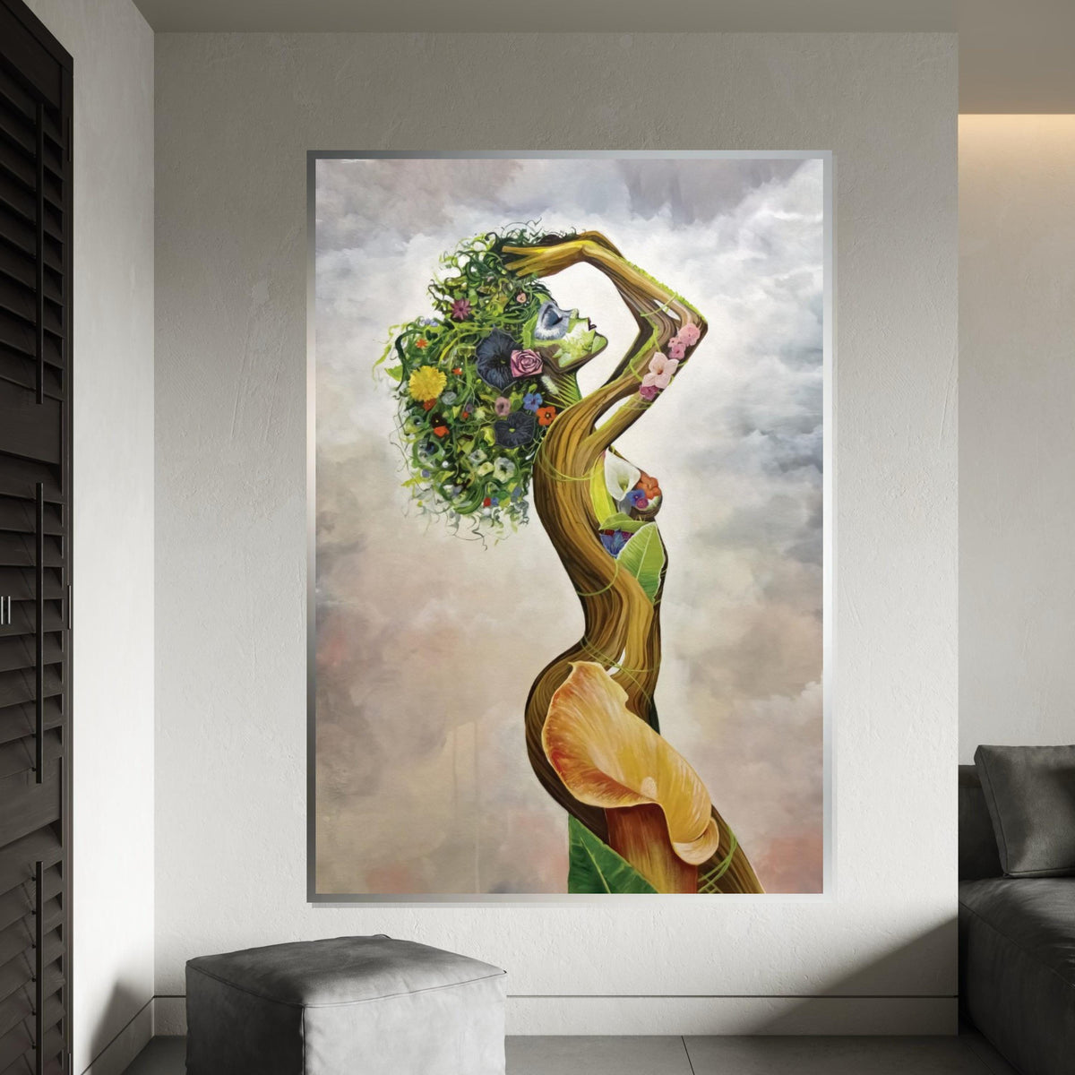 Floral Goddess Canvas, Nature Woman Art, Earth Spirit Wall Print, Flower Hair Design, Wall Art Canvas, Ready To Hang Decoration