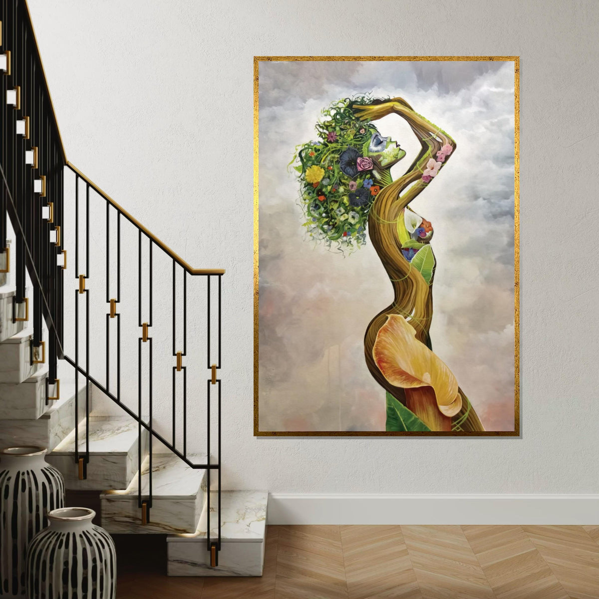 Floral Goddess Canvas, Nature Woman Art, Earth Spirit Wall Print, Flower Hair Design, Wall Art Canvas, Ready To Hang Decoration