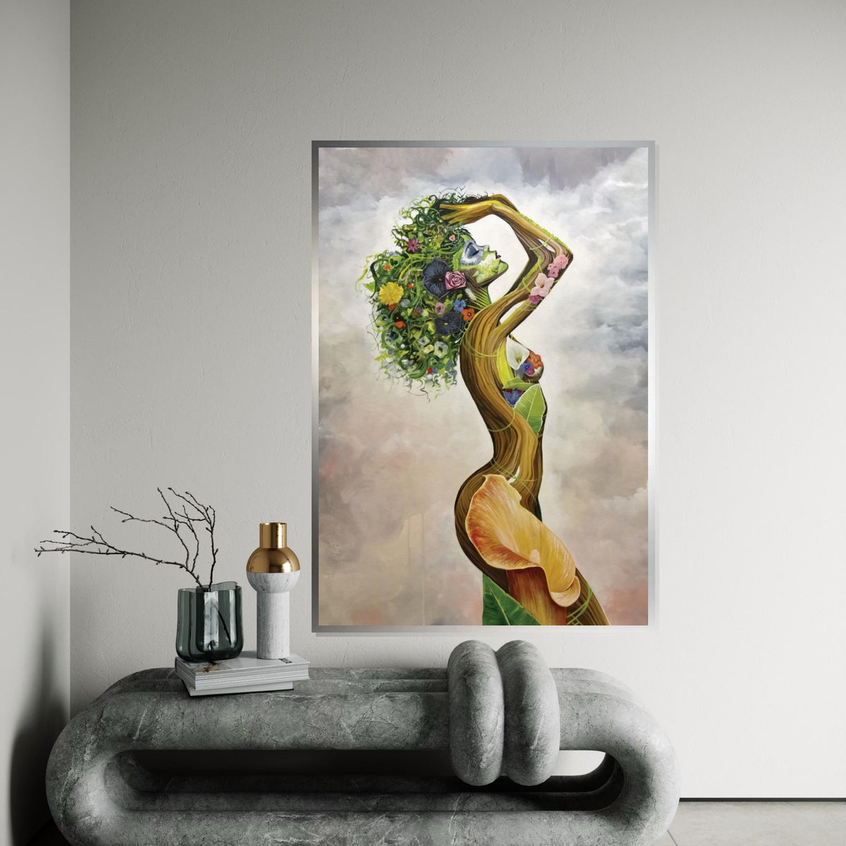Floral Goddess Canvas, Nature Woman Art, Earth Spirit Wall Print, Flower Hair Design, Wall Art Canvas, Ready To Hang Decoration