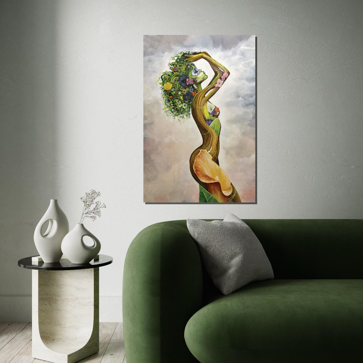 Floral Goddess Canvas, Nature Woman Art, Earth Spirit Wall Print, Flower Hair Design, Wall Art Canvas, Ready To Hang Decoration
