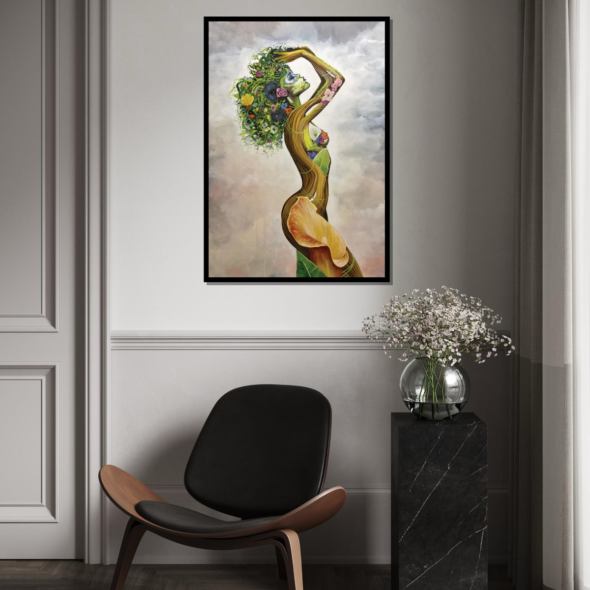 Floral Goddess Canvas, Nature Woman Art, Earth Spirit Wall Print, Flower Hair Design, Wall Art Canvas, Ready To Hang Decoration