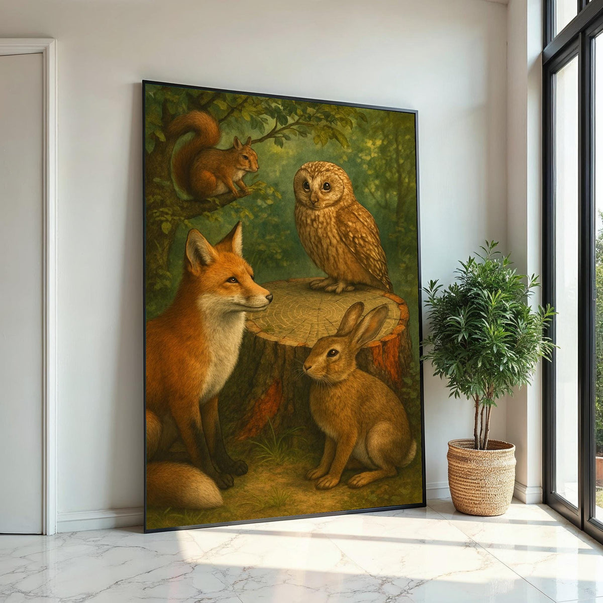 Woodland Friends Canvas, Fox Owl Rabbit Squirrel Art, Wildlife Wall Art Canvas Design, Ready to Hang Nature Decoration