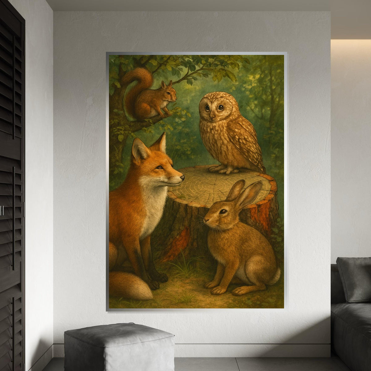 Woodland Friends Canvas, Fox Owl Rabbit Squirrel Art, Wildlife Wall Art Canvas Design, Ready to Hang Nature Decoration