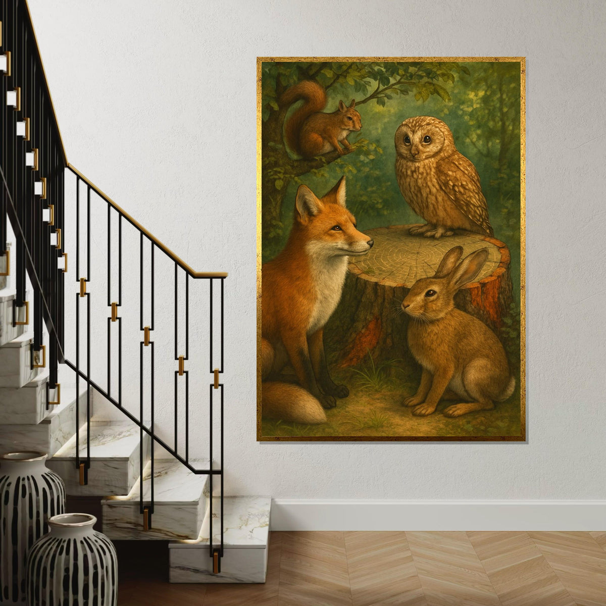 Woodland Friends Canvas, Fox Owl Rabbit Squirrel Art, Wildlife Wall Art Canvas Design, Ready to Hang Nature Decoration