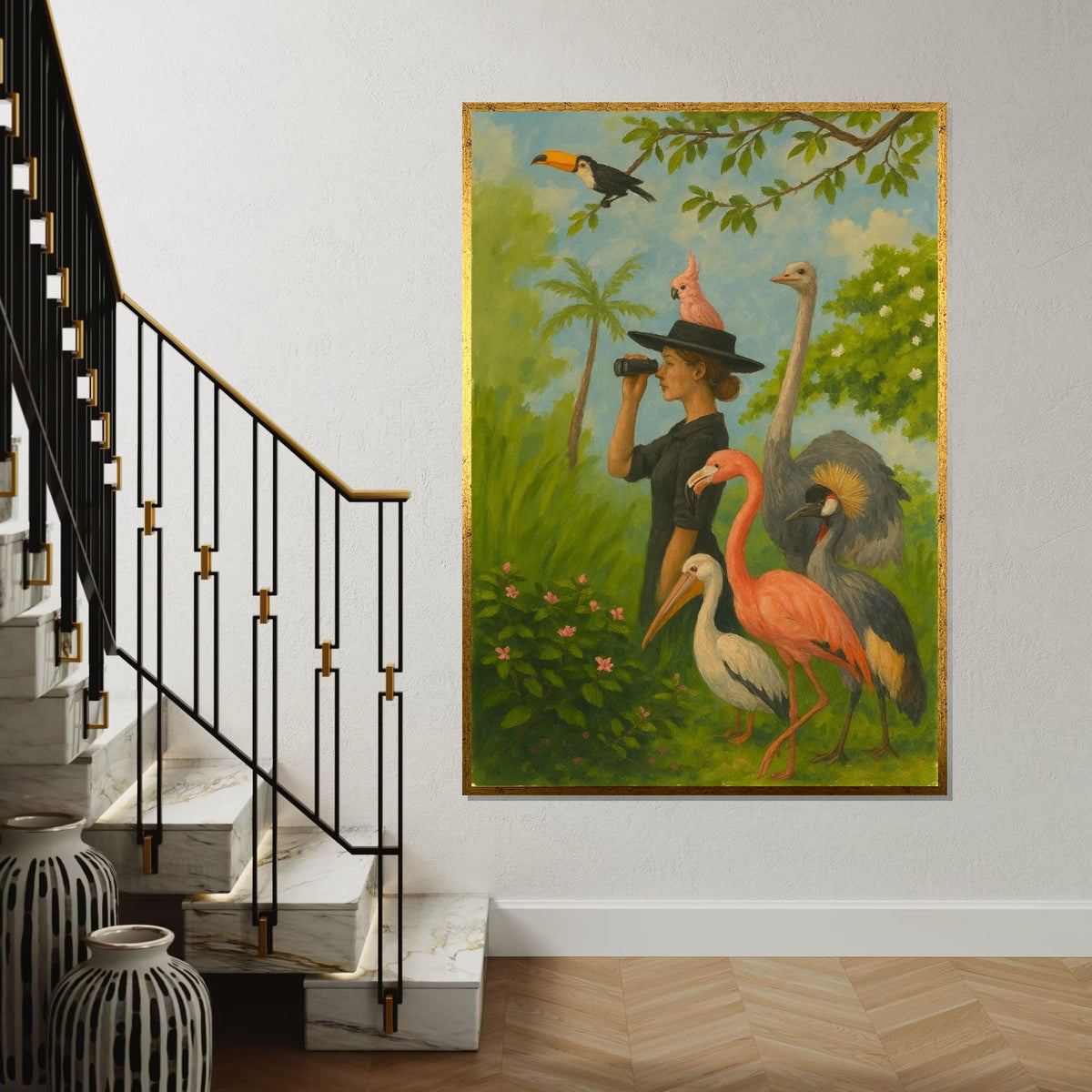Woman Birdwatcher Canvas, Tropical Birds Wall Art, Flamingo  Toucan Print, Animal Observer Design, Ready to Hang Canvas Decor
