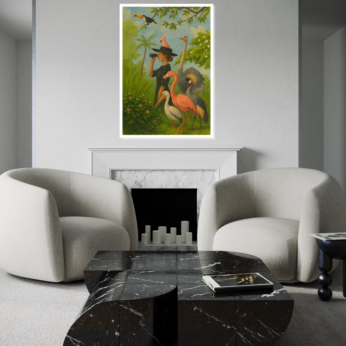 Woman Birdwatcher Canvas, Tropical Birds Wall Art, Flamingo  Toucan Print, Animal Observer Design, Ready to Hang Canvas Decor