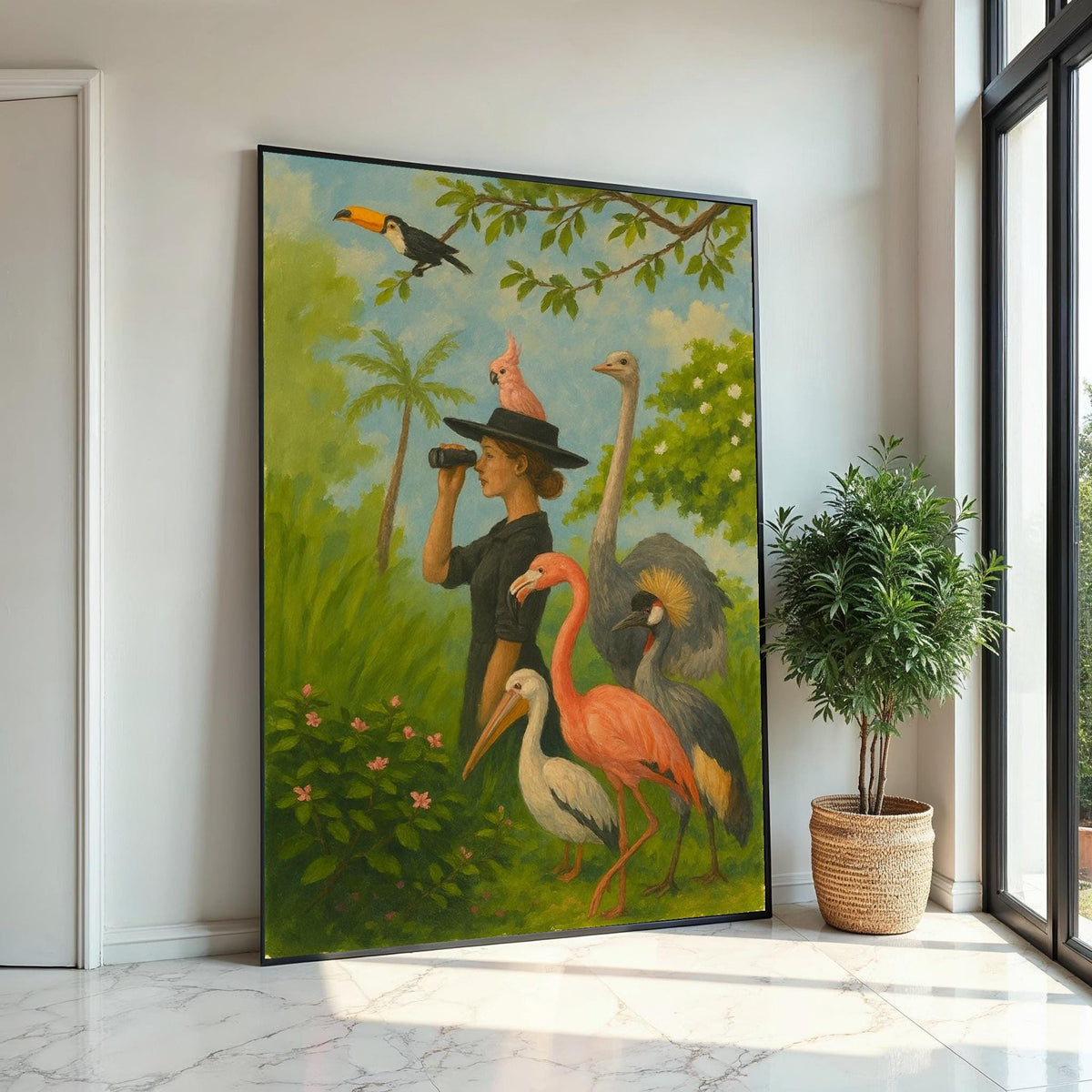Woman Birdwatcher Canvas, Tropical Birds Wall Art, Flamingo  Toucan Print, Animal Observer Design, Ready to Hang Canvas Decor