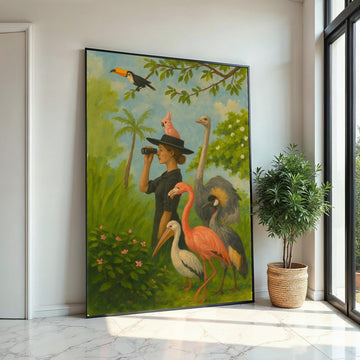 Woman Birdwatcher Canvas, Tropical Birds Wall Art, Flamingo  Toucan Print, Animal Observer Design, Ready to Hang Canvas Decor