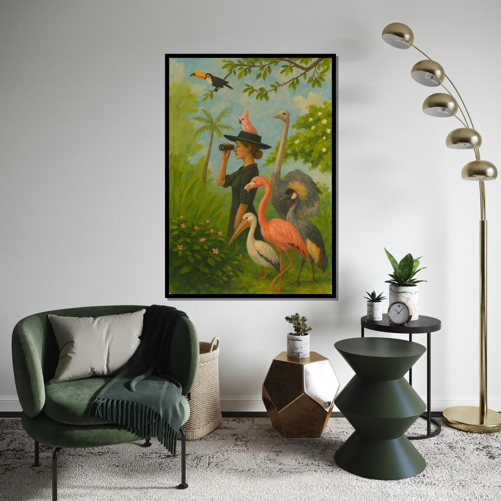 Woman Birdwatcher Canvas, Tropical Birds Wall Art, Flamingo  Toucan Print, Animal Observer Design, Ready to Hang Canvas Decor