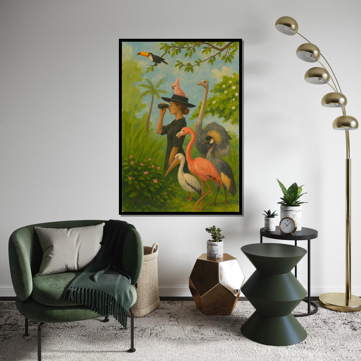 Woman Birdwatcher Canvas, Tropical Birds Wall Art, Flamingo  Toucan Print, Animal Observer Design, Ready to Hang Canvas Decor