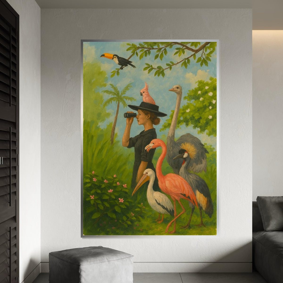 Woman Birdwatcher Canvas, Tropical Birds Wall Art, Flamingo  Toucan Print, Animal Observer Design, Ready to Hang Canvas Decor