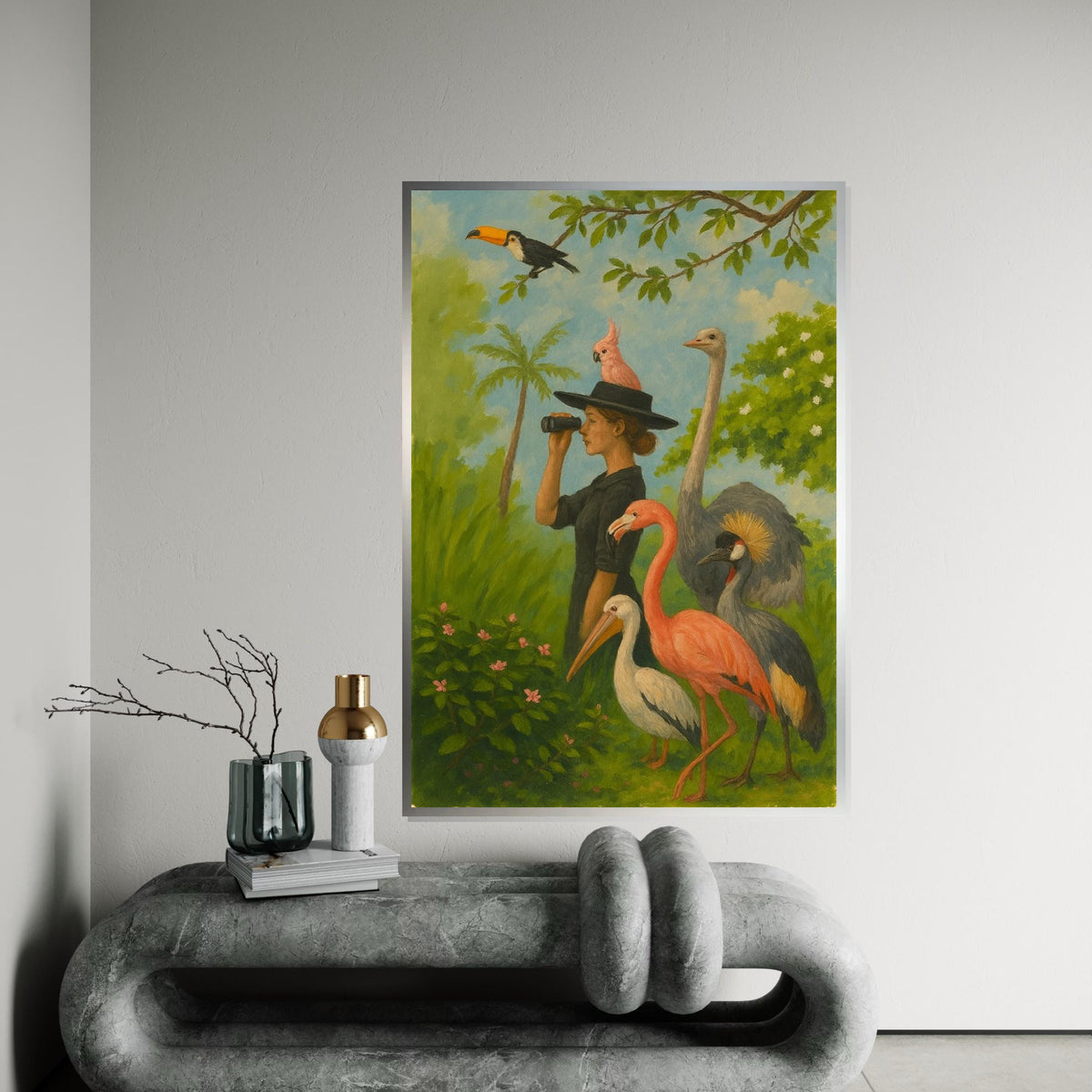 Woman Birdwatcher Canvas, Tropical Birds Wall Art, Flamingo  Toucan Print, Animal Observer Design, Ready to Hang Canvas Decor