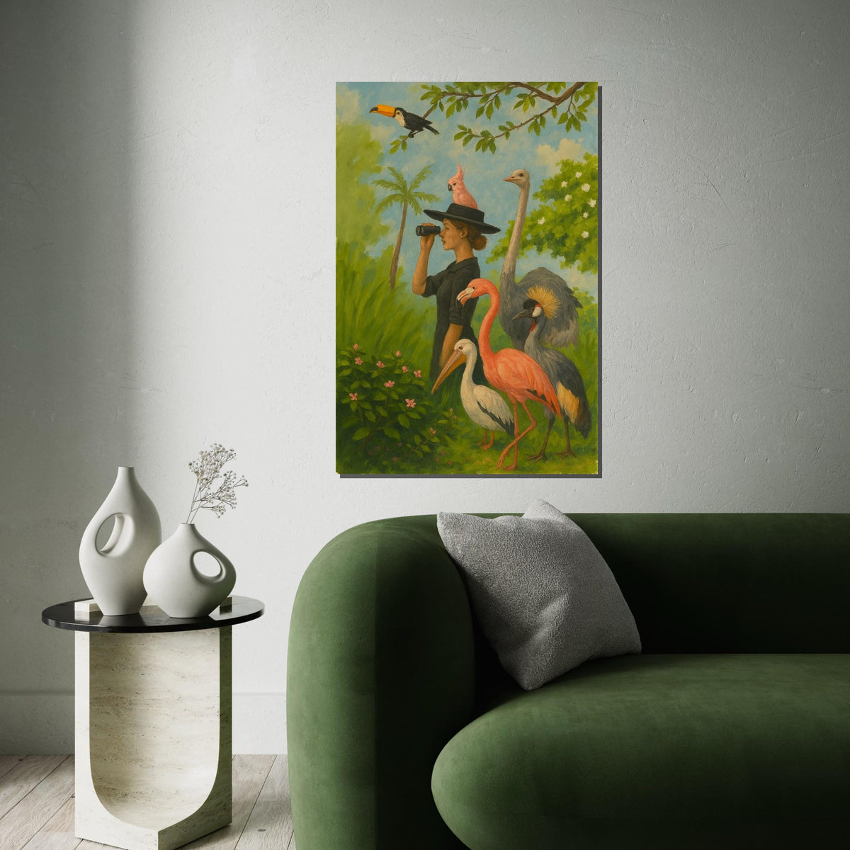 Woman Birdwatcher Canvas, Tropical Birds Wall Art, Flamingo  Toucan Print, Animal Observer Design, Ready to Hang Canvas Decor