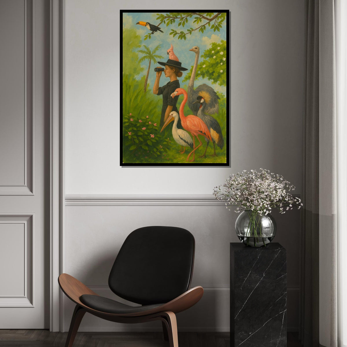 Woman Birdwatcher Canvas, Tropical Birds Wall Art, Flamingo  Toucan Print, Animal Observer Design, Ready to Hang Canvas Decor